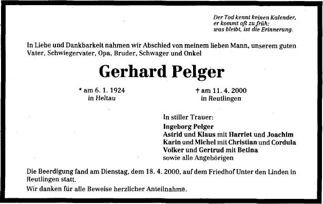 Pelger Gerhard 1924-2000 Todesanzeige